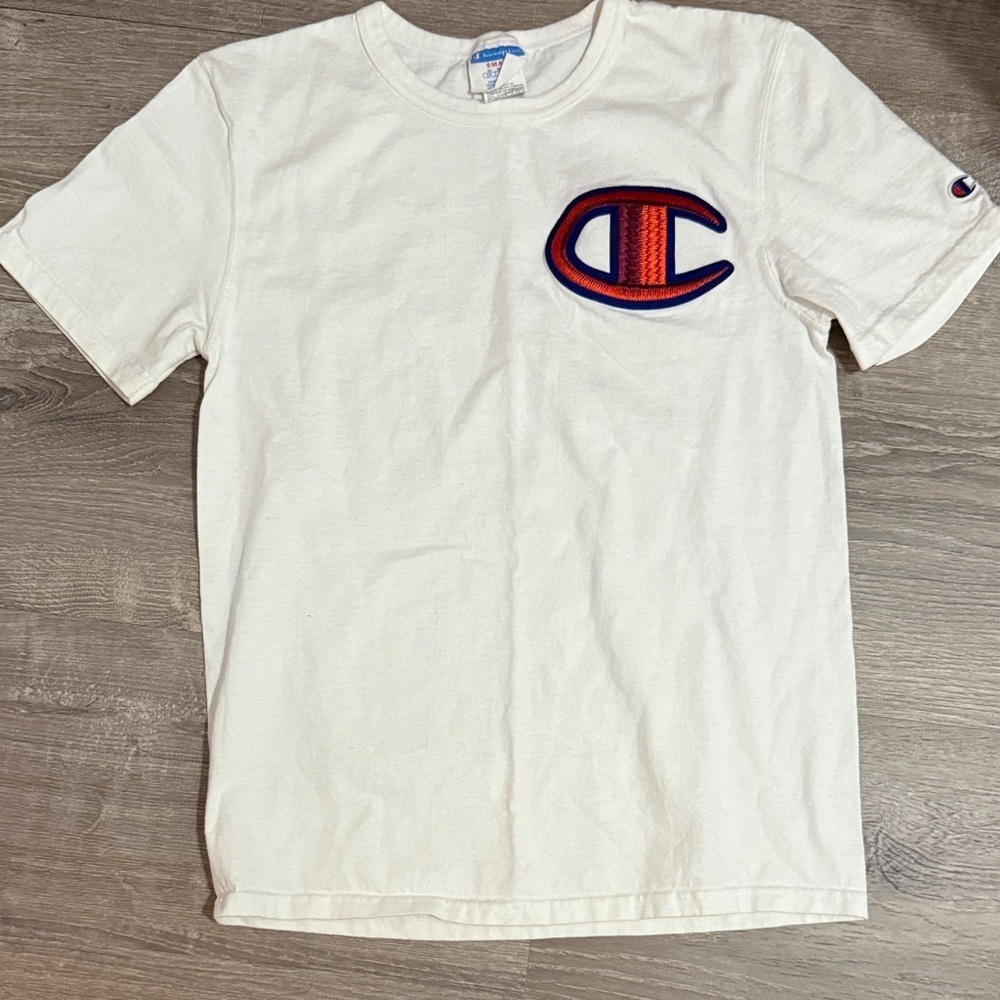 Champion White Tee with Red and Blue stitched Emblem